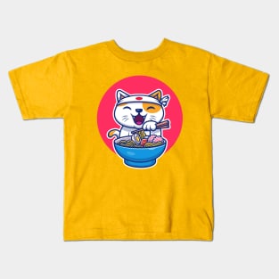 Cute Cat Eating Ramen Noodle Cartoon Kids T-Shirt
